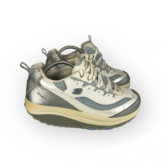 Skechers Shape-Ups Leather Walking Fitness Shoes Silver Blue Off-White Gray - Picture 7 of 13